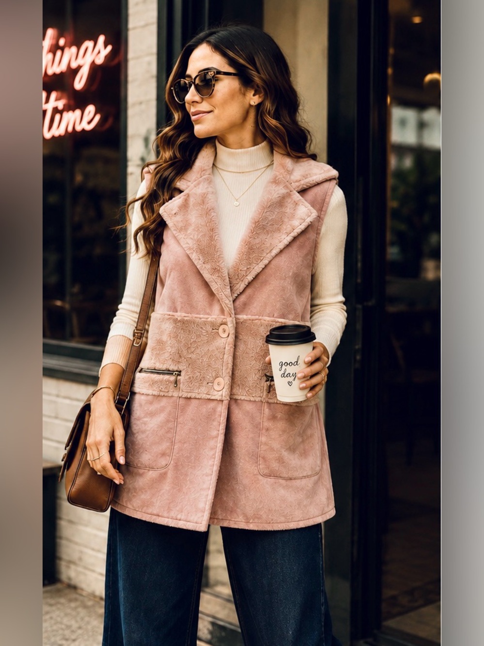 Sharon Young Dusty Rose Faux- Suede Tonal Plush Vest | Size Small